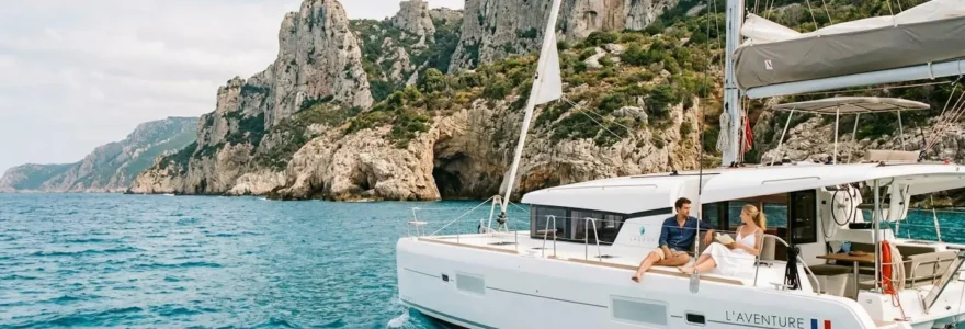 Catamaran blanc naviguant le long des falaises calcaires corses en Méditerranée