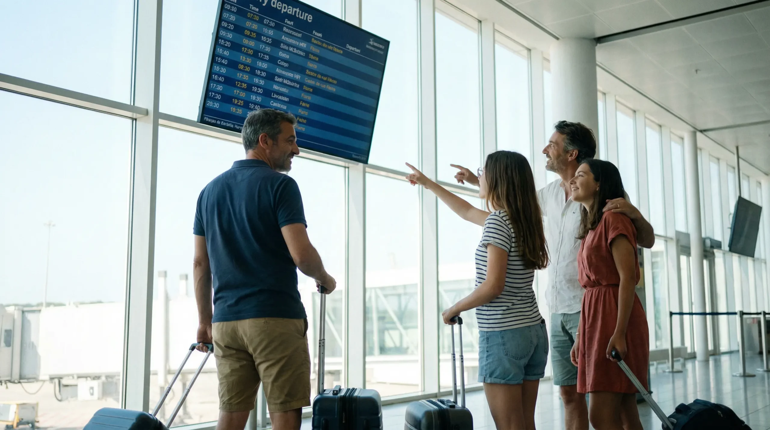 Famille consultant les départs ferry vers la Corse dans un terminal