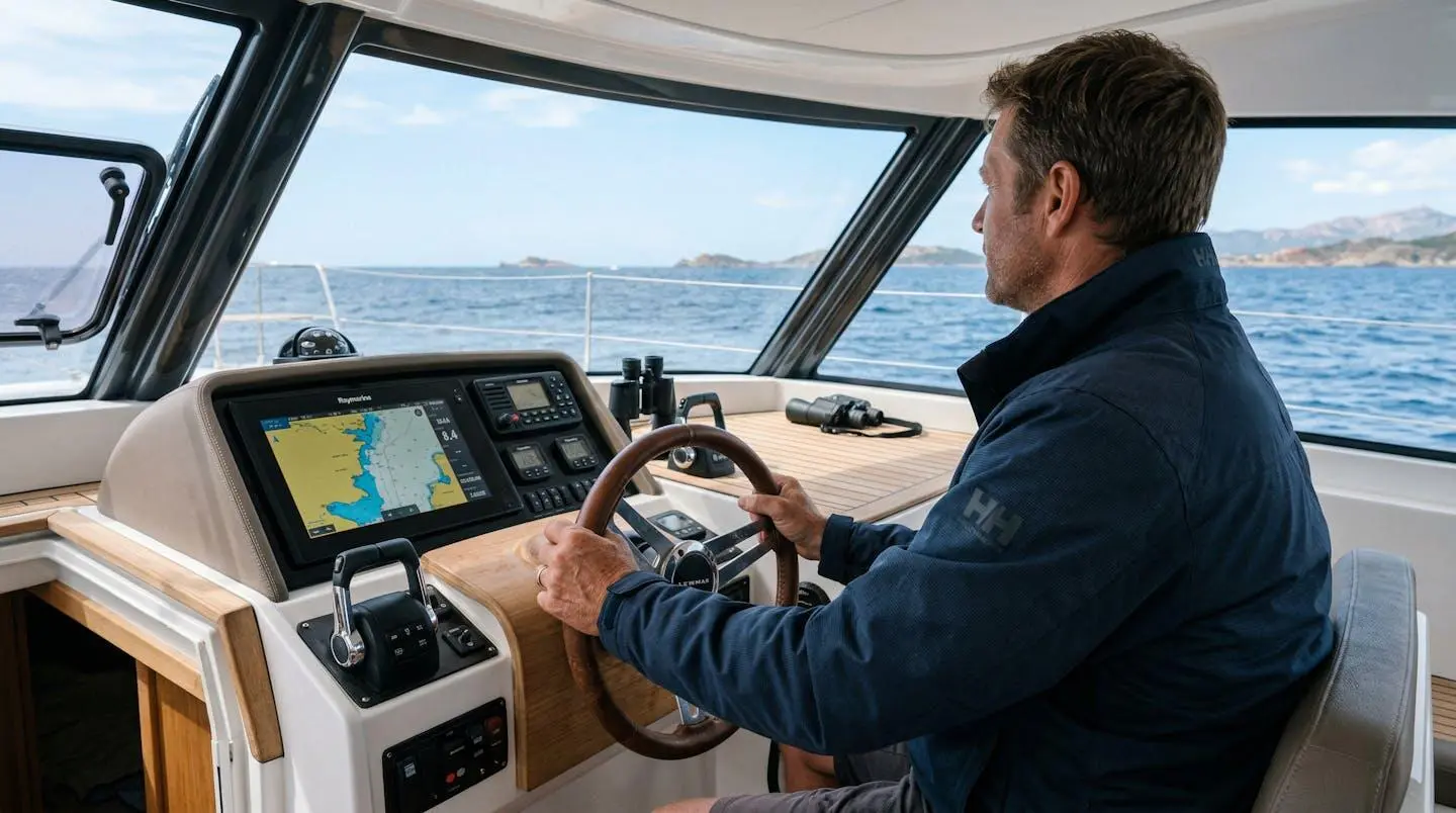 Skipper professionnel à la barre d'un catamaran de croisière en Corse