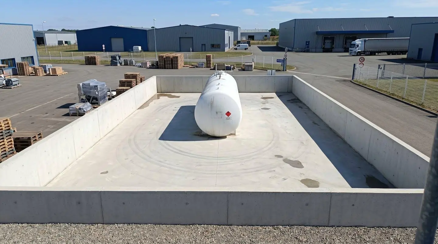 Vue en plongée d'un bac de rétention métallique neuf intégrant une cuve de carburant sur un site industriel propre et moderne