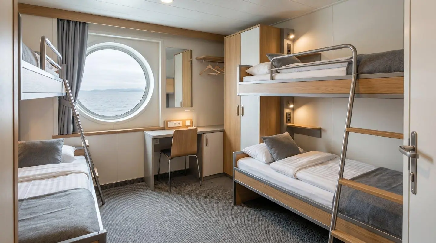 Intérieur d'une cabine couchette moderne à bord d'un ferry avec deux lits superposés, hublot et équipements de rangement sous lumière naturelle douce