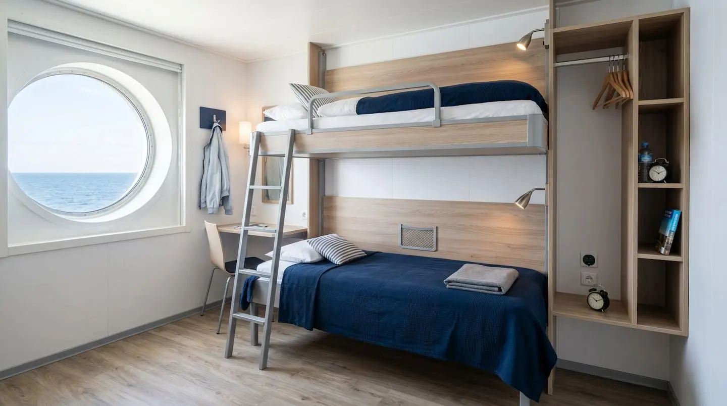 Intérieur d'une cabine couchette moderne à bord d'un ferry avec deux lits superposés, hublot et équipements de rangement sous lumière naturelle douce