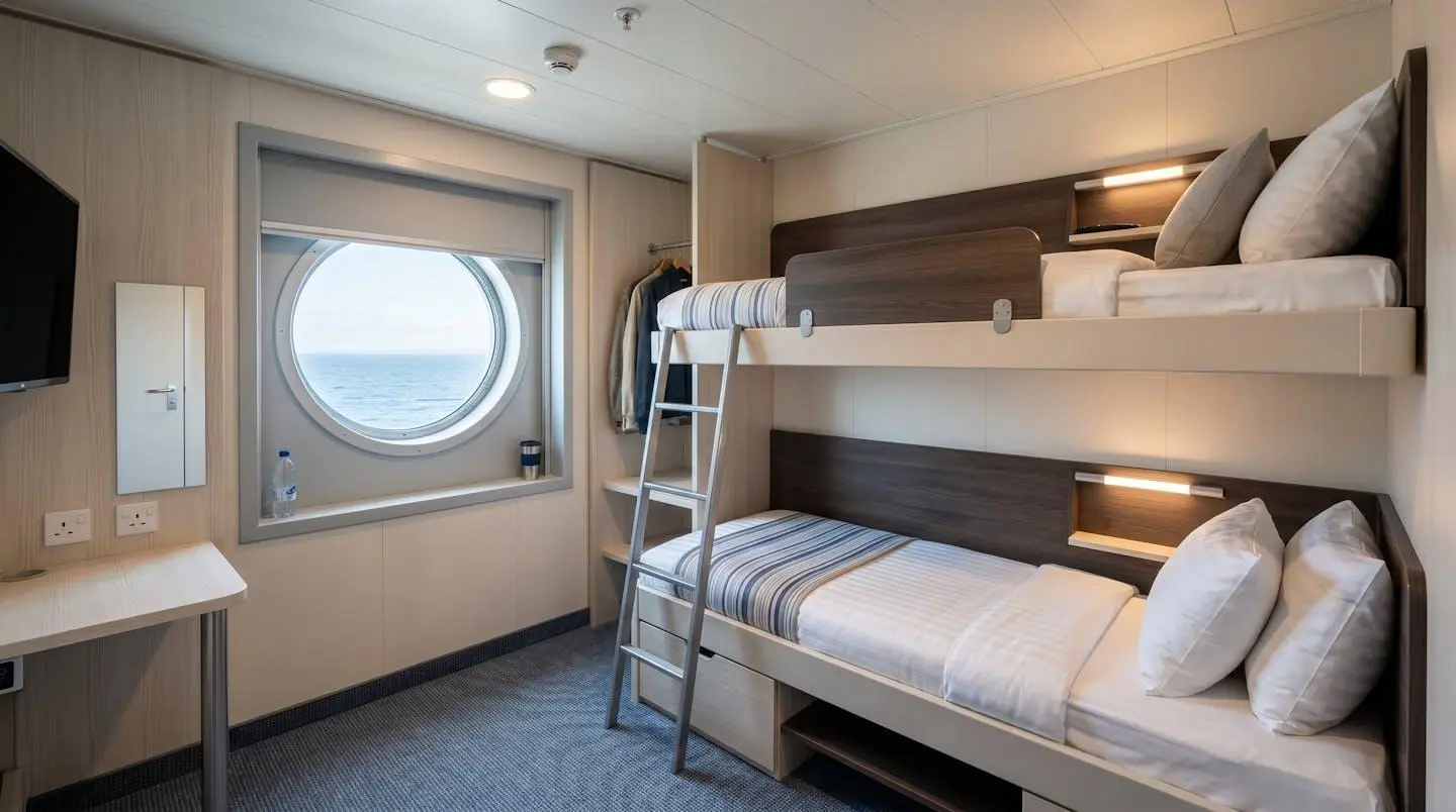 Intérieur d'une cabine couchette moderne à bord d'un ferry avec deux lits superposés, hublot et équipements de rangement sous lumière naturelle douce
