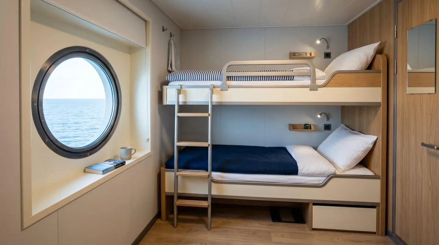 Intérieur d'une cabine couchette moderne à bord d'un ferry avec deux lits superposés, hublot et équipements de rangement sous lumière naturelle douce