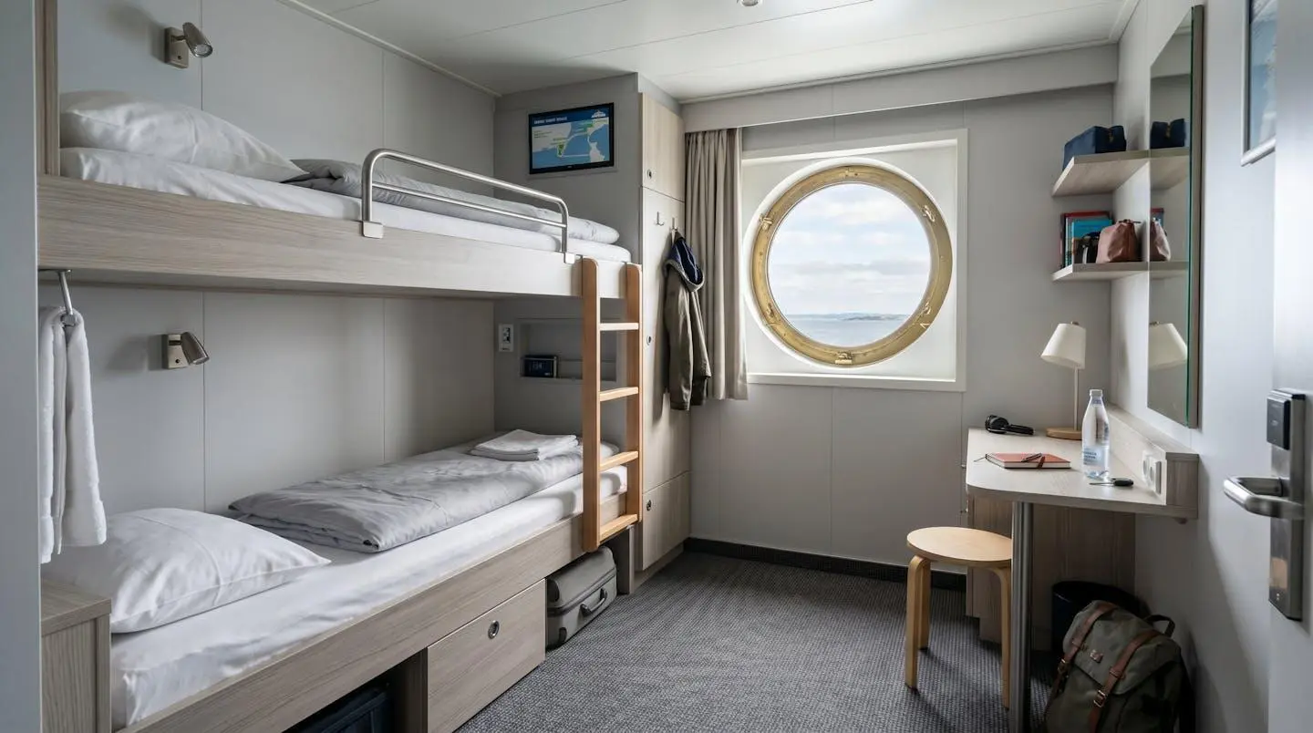 Intérieur d'une cabine couchette moderne à bord d'un ferry avec deux lits superposés, hublot et équipements de rangement sous lumière naturelle douce