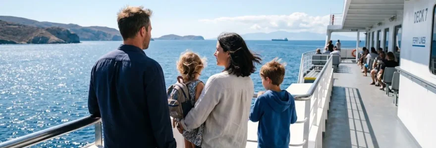 Une famille de quatre personnes vue de dos observe l'horizon depuis le pont extérieur d'un ferry moderne naviguant en Méditerranée