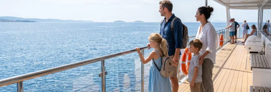 Une famille de quatre personnes vue de dos observe l'horizon depuis le pont extérieur d'un ferry moderne naviguant en Méditerranée