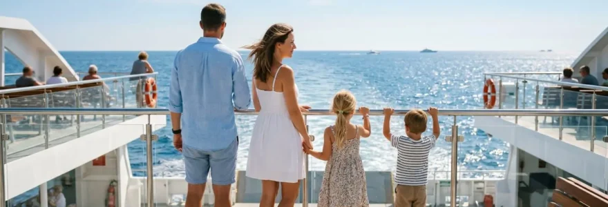 Une famille de quatre personnes vue de dos observe l'horizon depuis le pont extérieur d'un ferry moderne naviguant en Méditerranée