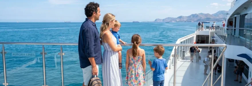 Une famille de quatre personnes vue de dos observe l'horizon depuis le pont extérieur d'un ferry moderne naviguant en Méditerranée