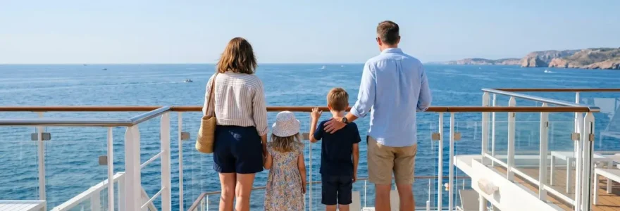 Une famille de quatre personnes vue de dos observe l'horizon depuis le pont extérieur d'un ferry moderne naviguant en Méditerranée