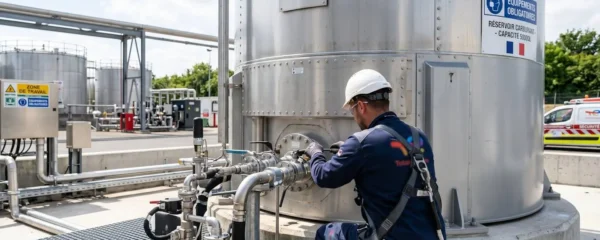 Un technicien en action vu de dos installe un conteneur de stockage de carburant sur un site industriel moderne sous une lumière naturelle
