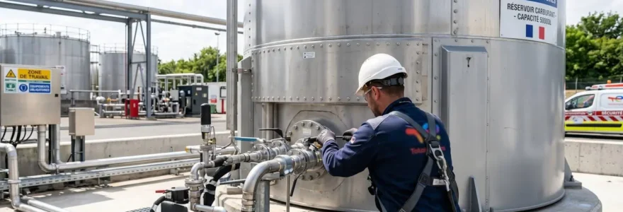 Un technicien en action vu de dos installe un conteneur de stockage de carburant sur un site industriel moderne sous une lumière naturelle