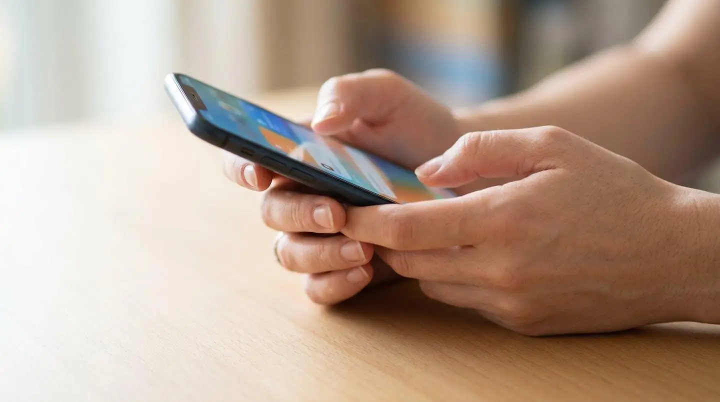 Gros plan sur des mains tenant un smartphone affichant une interface de réservation floue, posé sur une table moderne éclairée par une lumière naturelle latérale