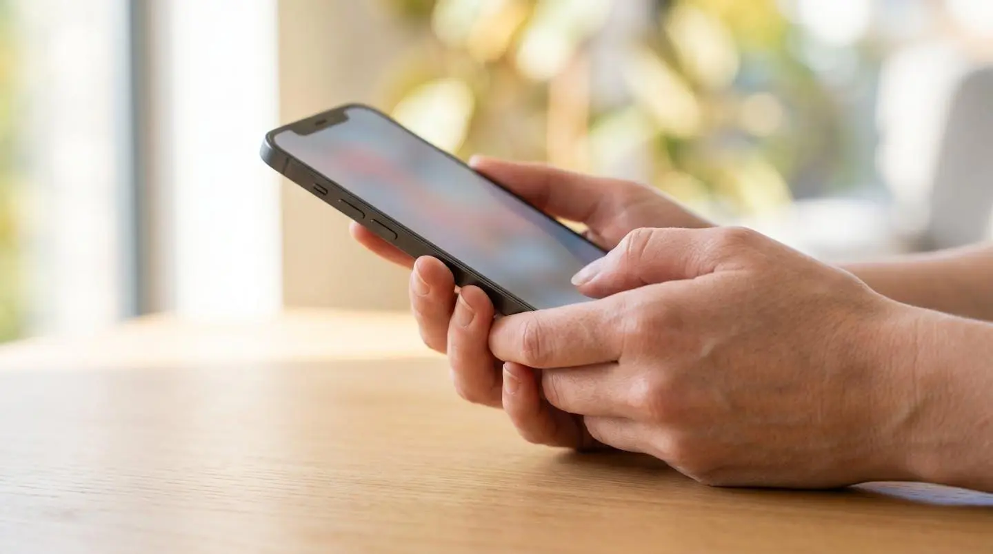 Gros plan sur des mains tenant un smartphone affichant une interface de réservation floue, posé sur une table moderne éclairée par une lumière naturelle latérale