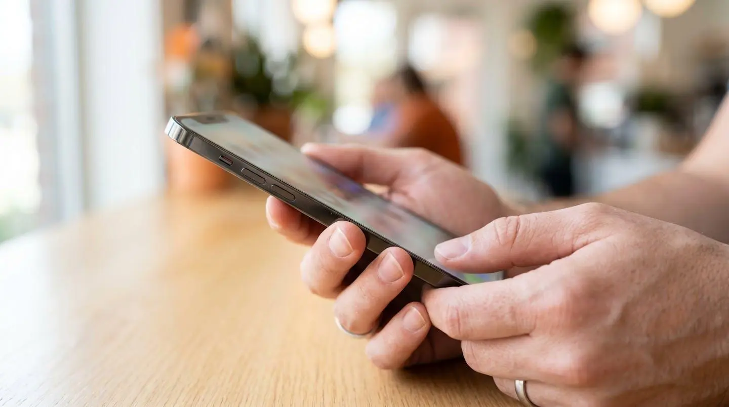 Gros plan sur des mains tenant un smartphone affichant une interface de réservation floue, posé sur une table moderne éclairée par une lumière naturelle latérale