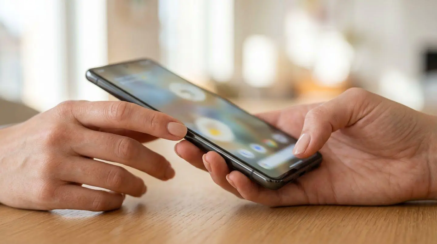 Gros plan sur des mains tenant un smartphone affichant une interface de réservation floue, posé sur une table moderne éclairée par une lumière naturelle latérale