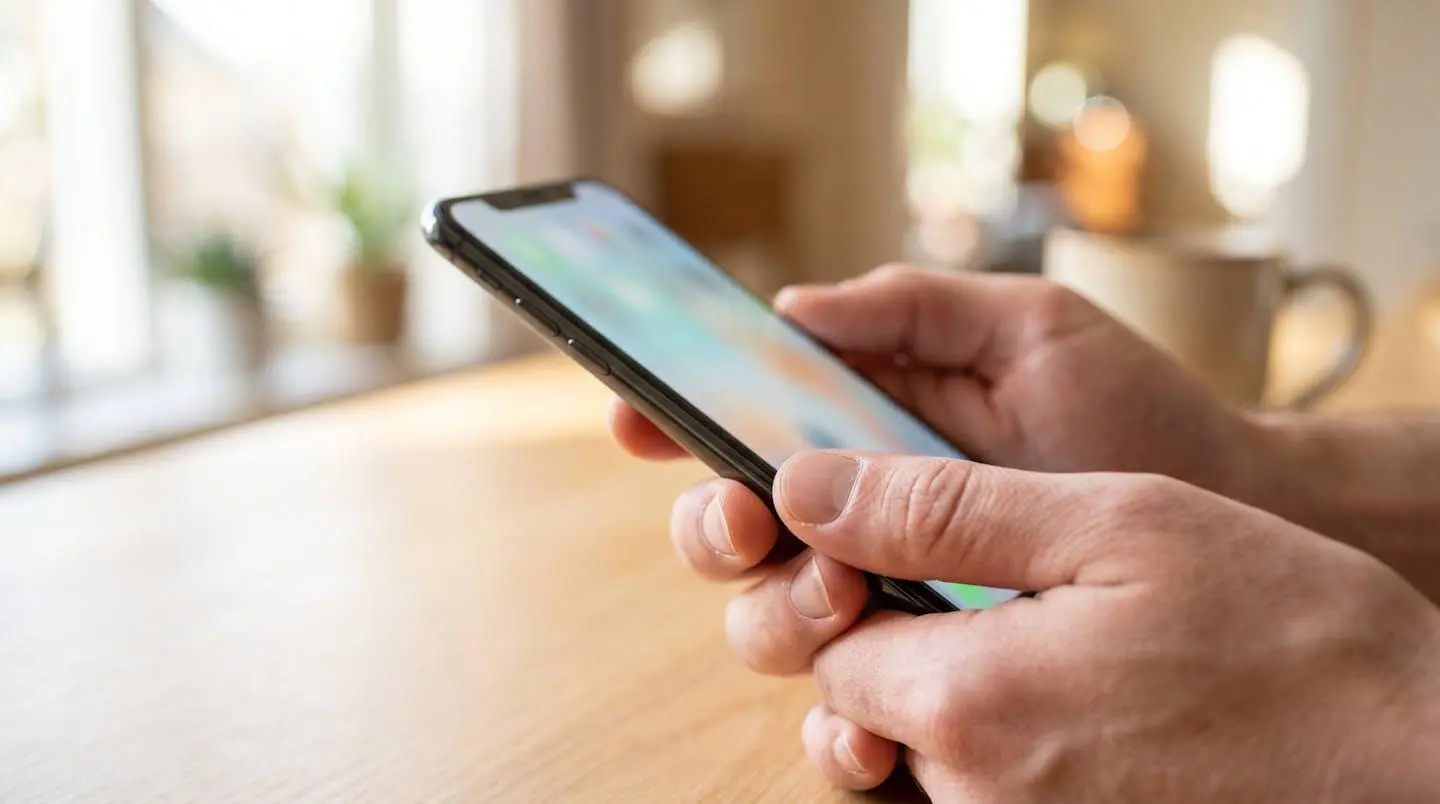 Gros plan sur des mains tenant un smartphone affichant une interface de réservation floue, posé sur une table moderne éclairée par une lumière naturelle latérale