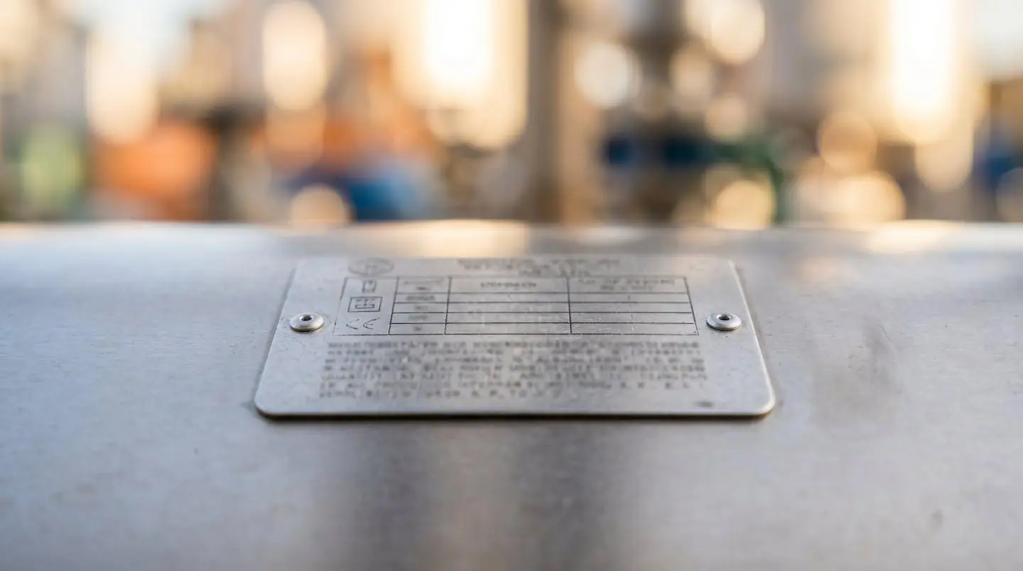 Gros plan sur une plaque signalétique métallique moderne fixée sur un conteneur de carburant avec un étiquetage de sécurité visible mais flouté