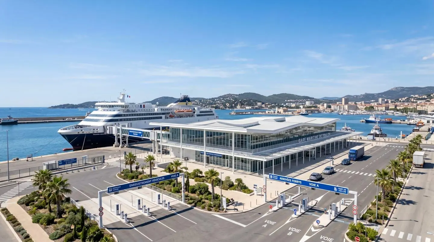 Vue large du terminal maritime de Toulon avec infrastructures portuaires modernes et ferries à quai sous un ciel dégagé