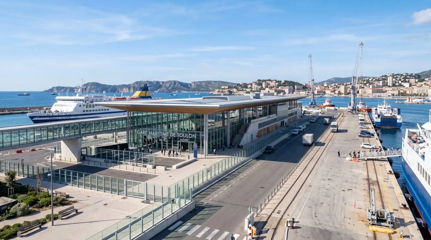Vue large du terminal maritime de Toulon avec infrastructures portuaires modernes et ferries à quai sous un ciel dégagé