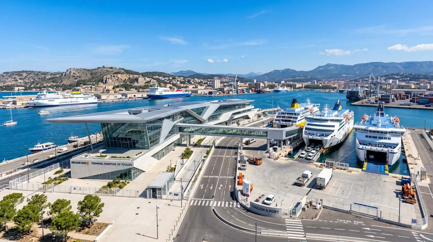 Vue large du terminal maritime de Toulon avec infrastructures portuaires modernes et ferries à quai sous un ciel dégagé