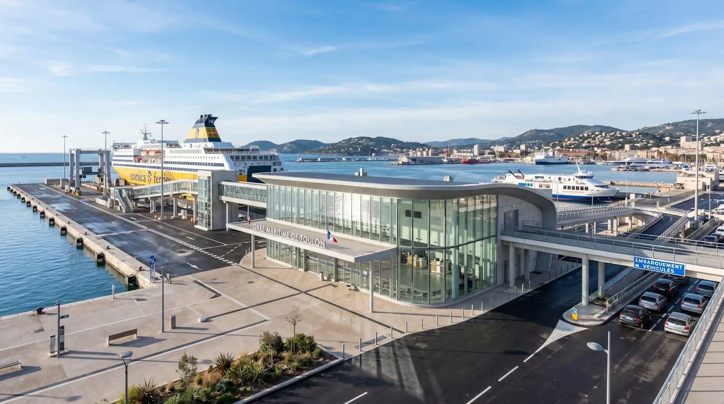 Vue large du terminal maritime de Toulon avec infrastructures portuaires modernes et ferries à quai sous un ciel dégagé