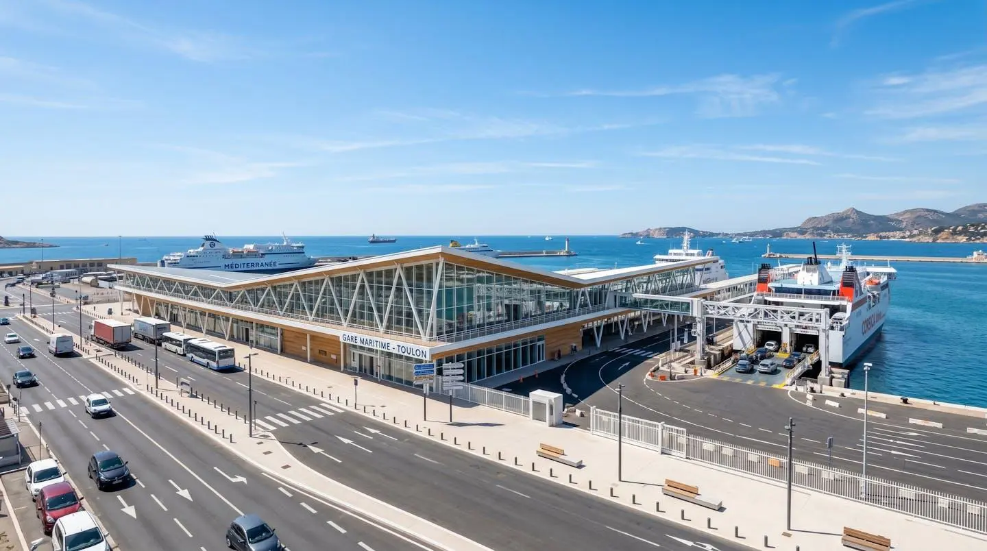 Vue large du terminal maritime de Toulon avec infrastructures portuaires modernes et ferries à quai sous un ciel dégagé