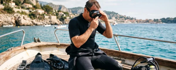 Un plongeur ajuste son masque de plongée sur le pont d'un bateau avant la mise à l'eau.